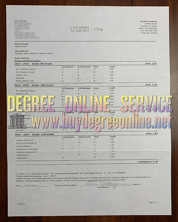 Cheshire Academy transcript