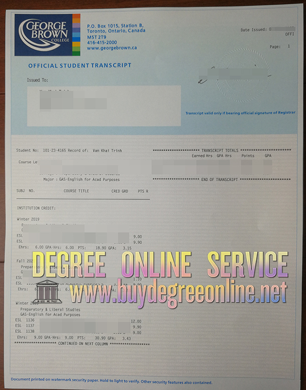 George Brown College transcript