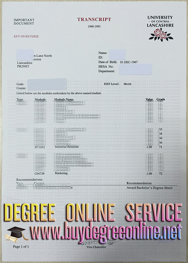 University of Central Lancashire transcript