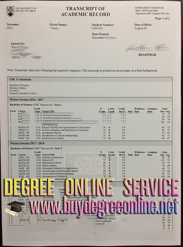 University of British Columbia transcript