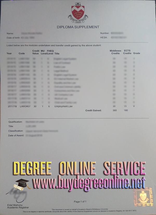 Middlesex University transcript