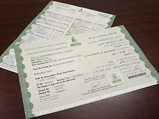 The original King Abdulaziz University diploma and transcript display here