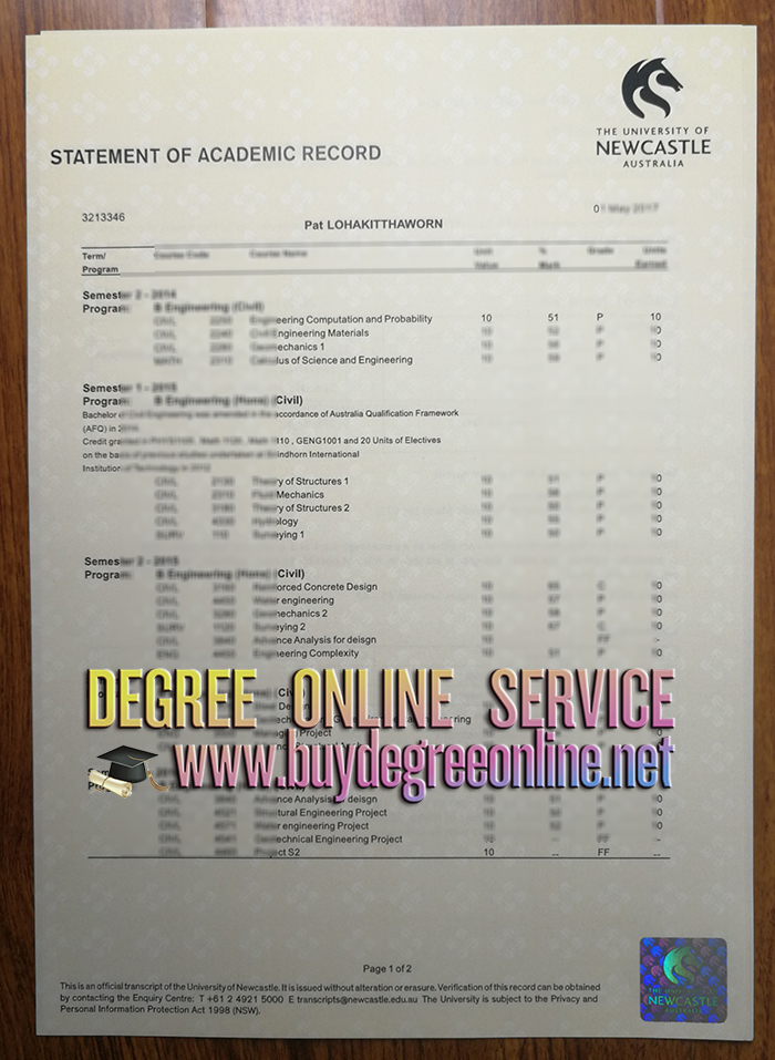 University of Newcastle transcript