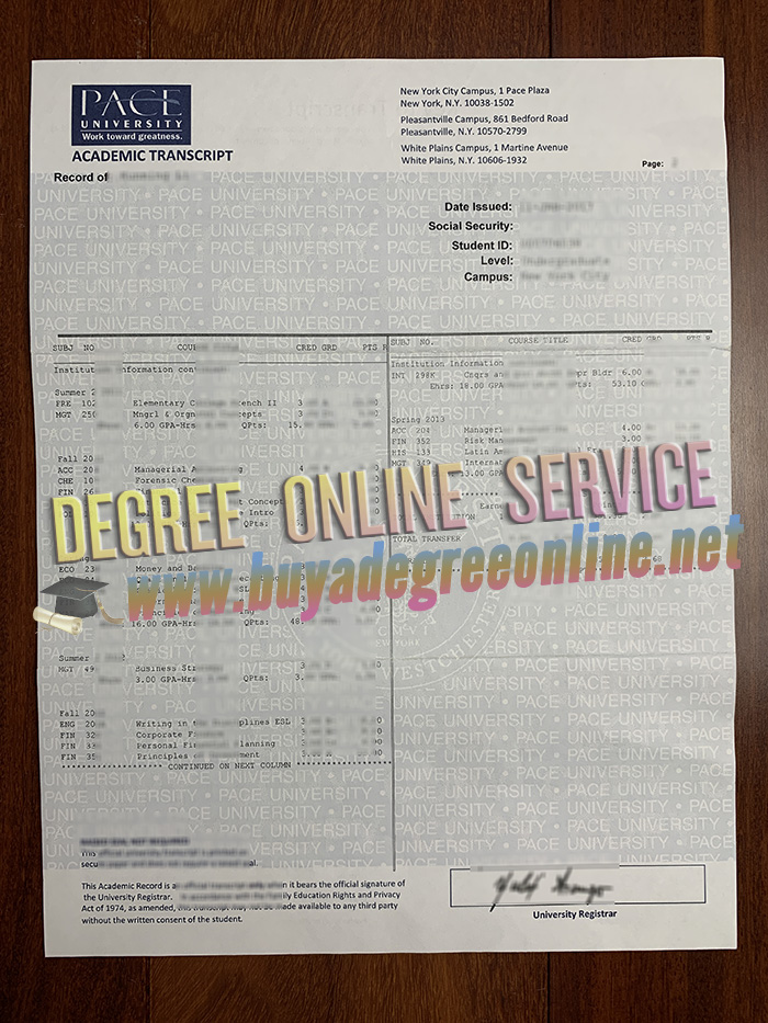 Pace University transcript